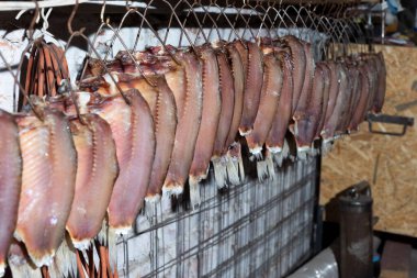 Tütsülenmiş balık leşleri soğuk füme balığın üzerinde sigara içtikten sonra art arda yetiştirilir. Gıda endüstrisi.