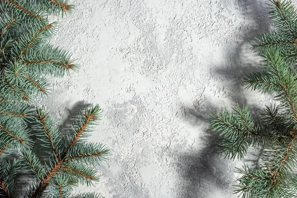 Noel Beyaz Gri Arka Planında Ladin Dallarının Dokusu Noel Konseptinin — Stok fotoğraf