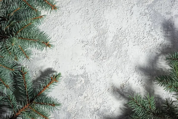 Noel Beyaz Gri Arka Planında Ladin Dallarının Dokusu Noel Konseptinin — Stok fotoğraf