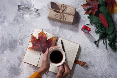 Sonbahar düz düz üst görünümü. Gri-beyaz desenli nesneler. Sonbahar yaprakları. Sonbahar kompozisyonu. Bir fincan kahve, battaniye, arka planda sonbahar yaprakları. Düz, üst görünüm, kare