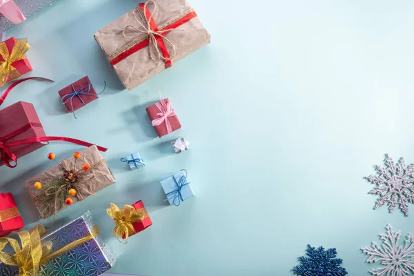 Vue Dessus Beaucoup Cadeaux Noël Sur Fond Bleu Nouvel Flatlay — Photo