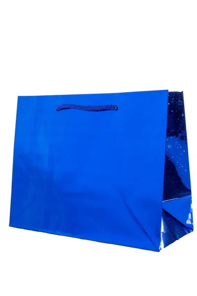 Голубой Сверкающий Подарочный Пакет Изолировать Белом Фоне Торговый Мешок Вторичной — стоковое фото