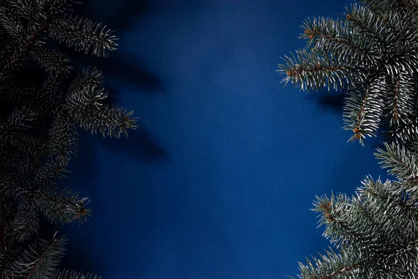 Noel Ağacının Detaylarıyla Birlikte Koyu Mavi Soğuk Arka Plan Noel — Stok fotoğraf