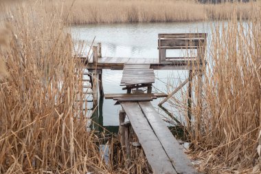 Bahar manzarası. Suyun üzerinde eski ahşap bir bank. Sazlıkların arka planında.