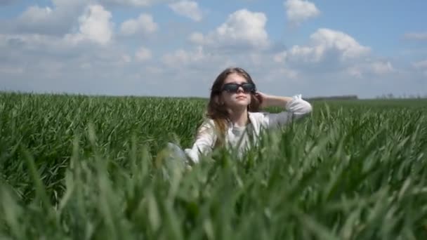 Gökyüzünün bulutlu zemininde, güneş gözlükleriyle oturan yeşil çimenli bir tarlada oturan küçük kız. — Stok video