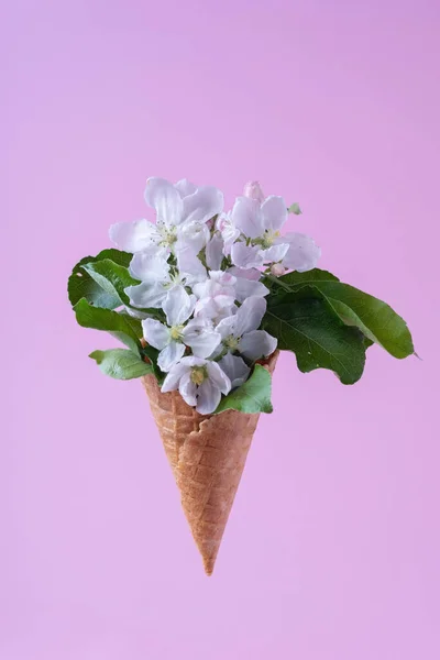 粉红背景的华夫饼杯中的白花冰淇淋简约的夏季概念 — 图库照片