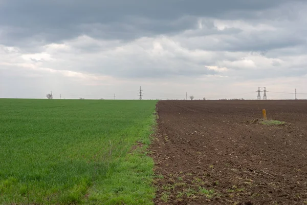 Medio campo y medio arado de tierra antes de la tormenta — Foto de Stock