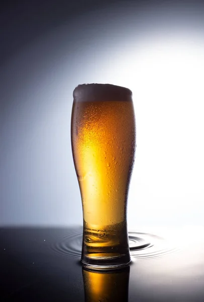 Um copo de cerveja espumosa fresca, sobre um lençol freático, sobre um fundo branco — Fotografia de Stock