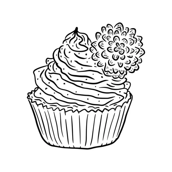 黑色和白色的纸杯蛋糕插图 白色背景的奶油 带花甜点的矢量手绘图解 明信片 印刷品 纺织品的孤立假日烘焙 — 图库矢量图片