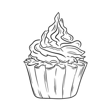 Beyaz arka planda krema kapağıyla süslenmiş iştah açıcı güzel bir pasta. Siyah beyaz el çizimi, ambalajlı kekin vektör çizimi. Yazdırma, kartpostallar, davetiyeler için tatlı.