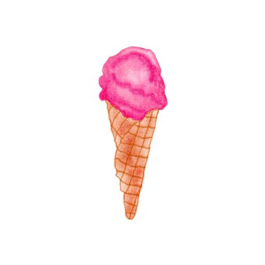 Beyaz arka planda yakın plan waffle külahında parlak pembe renkli dondurma. Baskı ve tekstil için sulu şerbet aromalı suluboya çizimi. 