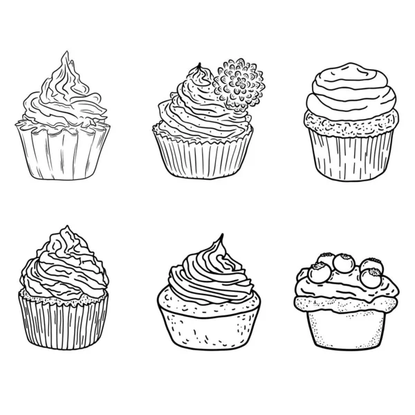 Ensemble Six Cupcakes Crème Décor Fleurs Bleuets Sur Fond Blanc — Image vectorielle