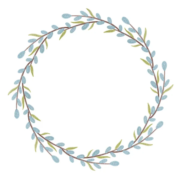 Beautiful Delicate Wreath Pussy Willow Twigs White Background Place Text — Zdjęcie stockowe