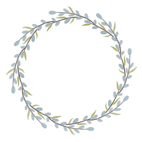 Beautiful Delicate Wreath Pussy Willow Twigs White Background Place Text — Stok Foto