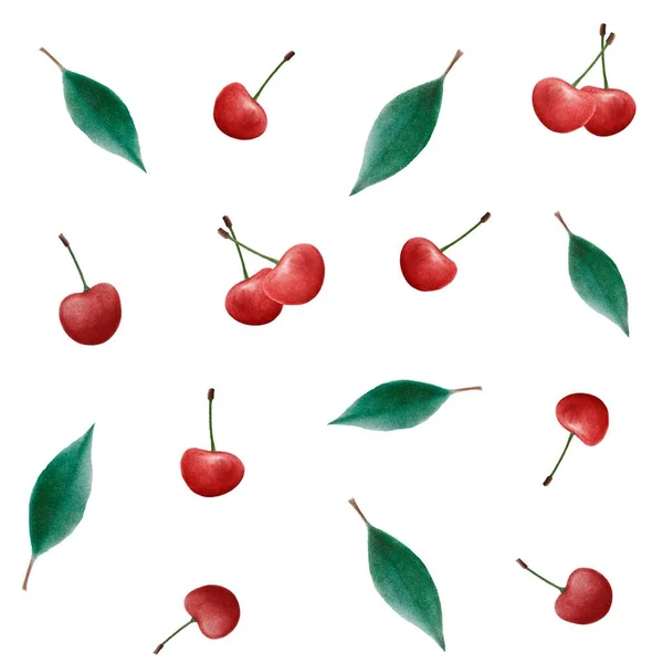 水彩のチェリーベリーと葉のシームレスなパターンは白い背景に 包装紙のための暗い赤い果実からの美しい背景 — ストック写真