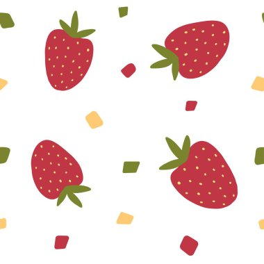  Çileklerden ve beyaz arkaplandaki çok renkli karelerden kusursuz vektör deseni. Baskı, tekstil ve ambalaj kağıdı için parlak, soyut bir meyve deseni çizimi.