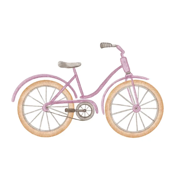 Söt Cykel Pastellfärger Vit Bakgrund Akvarell Illustration Lila Cykel För — Stockfoto