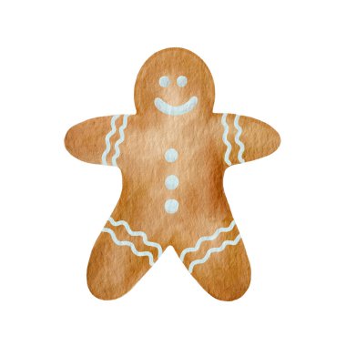 Beyaz arka planda zencefilli çörek adamın suluboya çizimi. Tasarımınız için izole edilmiş el yapımı tatil pişirme ögesi.