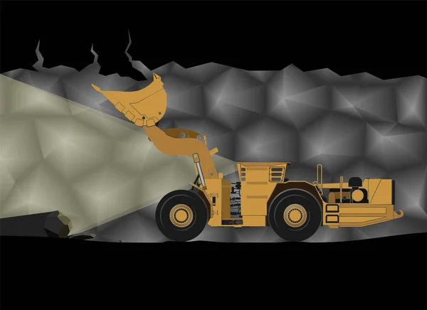 矿用装卸车的现实色彩图标 装铲斗的装载机切断一个危险的山脉 — 图库矢量图片