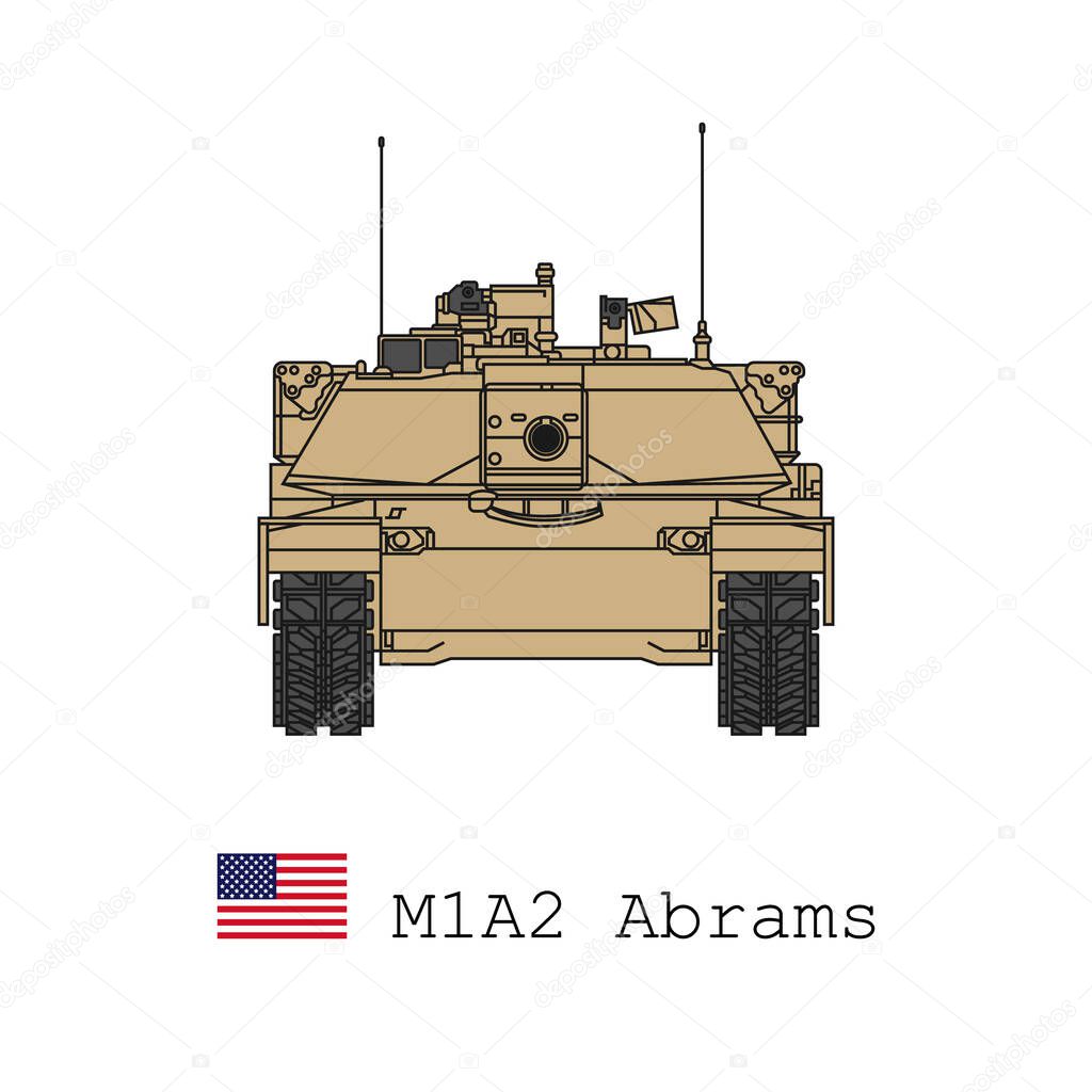 Realistic color vector icon of the main battle tank of the US Armed Forces M1A2 Abrams. Front view.