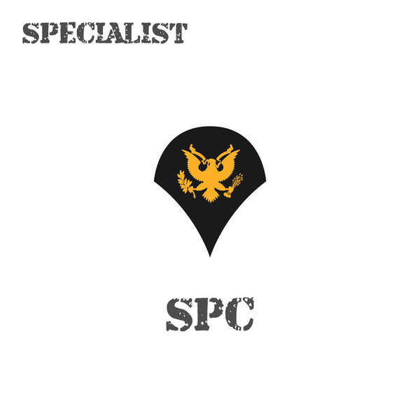 Realistic vector icon of a specialist soldier of the US Army. Description and abbreviated name.