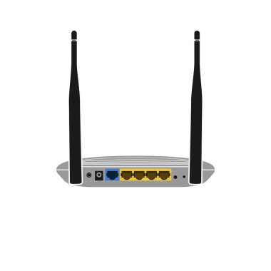 Bir Wi-Fi yönlendiricisinin arka tarafında iki anten ve bir internet kablosunu bağlamak için portlu gerçekçi bir vektör simgesi. Kablosuz İnternet.