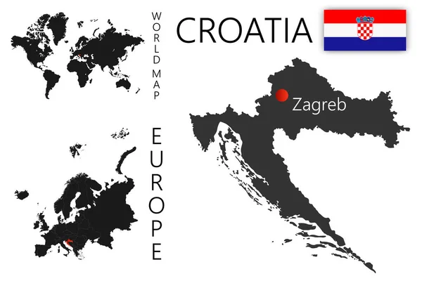 Realistická Vektorová Mapa Chorvatska Vlajkou Umístění Země Mapě Světa Evropy — Stockový vektor