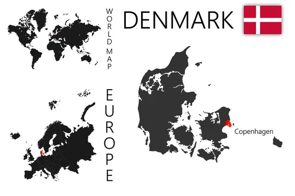 Realistische Vectorkaart Van Denemarken Met Vlag Ligging Van Het Land — Stockvector