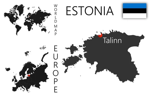 Mapa Vetorial Realista Estônia Com Bandeira Localização País Mapa Mundo — Vetor de Stock