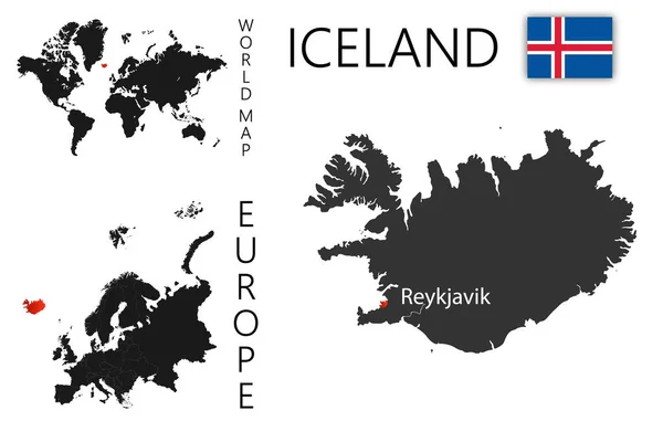 アイスランドの現実的なベクトル図 世界とヨーロッパの地図上の国の場所 州の詳細な境界線と国の首都の場所とシルエット — ストックベクタ