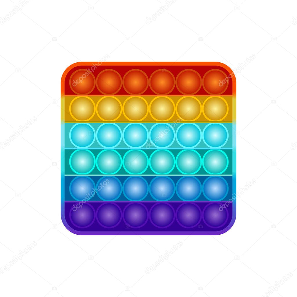 Realistic multi-colored vector icon square touch Anti-stress Pop It toy. Rainbow bubbles.