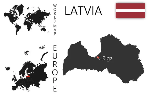 Mapa Vetorial Realista Letónia Com Bandeira Localização País Mapa Mundo — Vetor de Stock