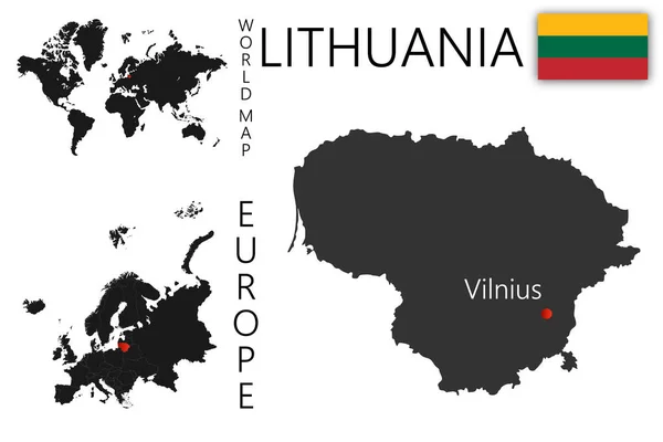 Mapa Vetorial Realista Lituânia Com Bandeira Localização País Mapa Mundo — Vetor de Stock