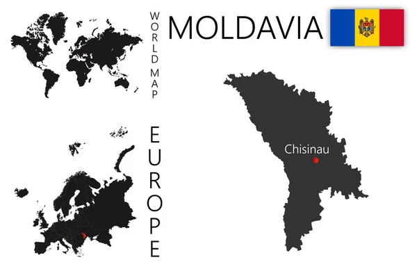 Mapa Vetorial Realista Moldávia Com Bandeira Localização País Mapa Mundo — Vetor de Stock