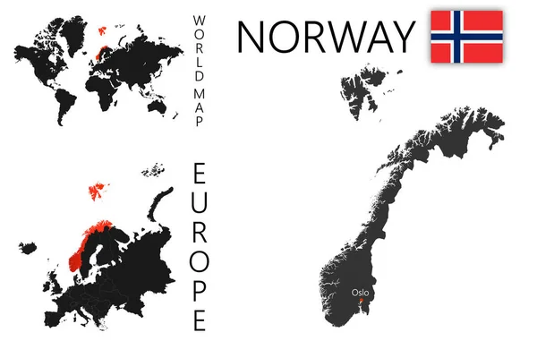 ノルウェーの現実的なベクトル図 世界とヨーロッパの地図上の国の場所 州の詳細な境界線と国の首都の場所とシルエット — ストックベクタ