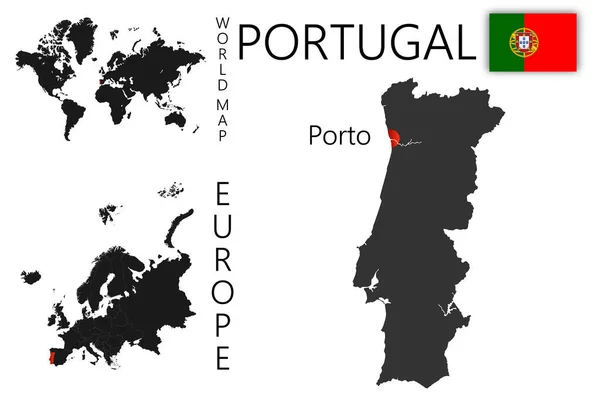 ポルトガルの現実的なベクトル図 世界とヨーロッパの地図上の国の場所 州の詳細な境界線と国の首都の場所とシルエット — ストックベクタ