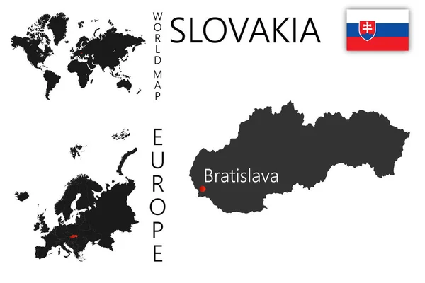 Realistická Vektorová Mapa Slovenska Vlajkou Umístění Země Mapě Světa Evropy — Stockový vektor