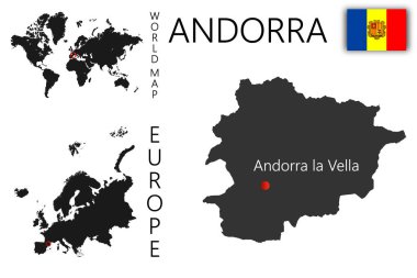 Andorra 'nın bayraklı gerçekçi vektör haritası. Dünyanın ve Avrupa 'nın haritasında ülkenin yeri. Devletin detaylı sınırlarına ve ülkenin başkentinin konumuna sahip bir siluet..