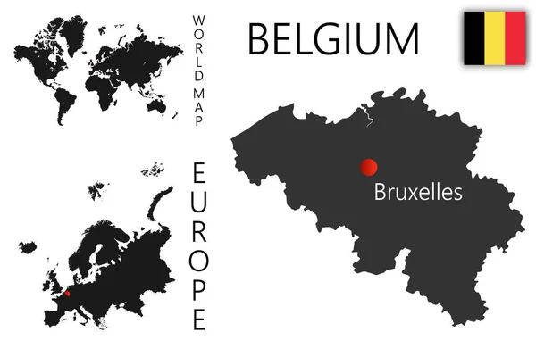 Vektorová Mapa Belgie Vlajkou Umístění Země Mapě Světa Evropy Silueta — Stockový vektor