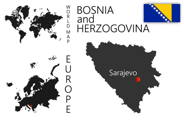 보스니아의 깃발이 그려진 세계와 유럽의 지도에서 나라의 위치입니다 경계와 수도의 — 스톡 벡터
