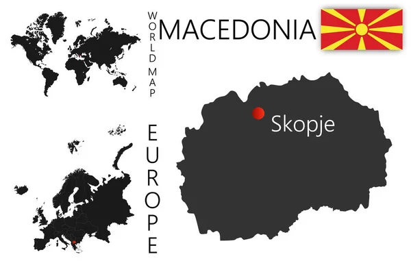 Mapa Vetorial Realista Macedônia Com Bandeira Localização País Mapa Mundo — Vetor de Stock