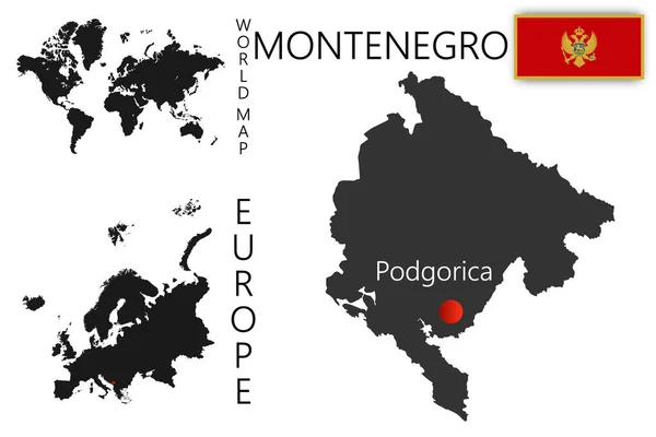 Mapa Vetorial Montenegro Com Bandeira Localização País Mapa Mundo Europa — Vetor de Stock