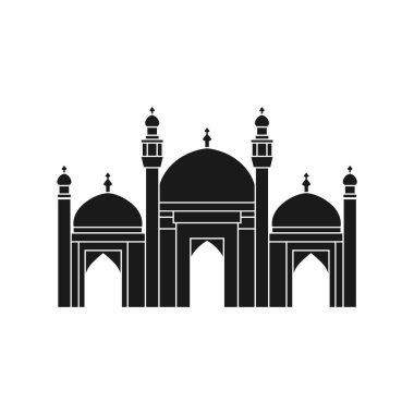 Beyaz arka planda minareleri olan bir caminin vektör simgesi. Din, İslam 'dır. Düz tasarım.