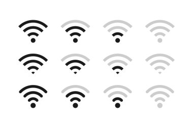 Wi-Fi sinyalinin bir dizi vektör simgesi. Sinyalin tüm aşamaları. Kablosuz bağlantı.