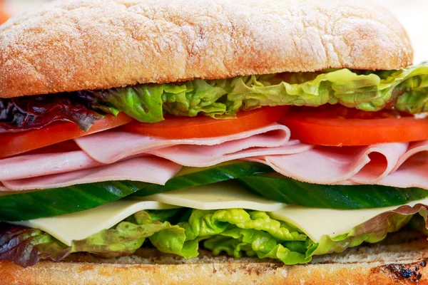 Sandwich with lettuce, tomatoes, cucumber, red onion, salami, ham, cheese — Stock Photo, Image