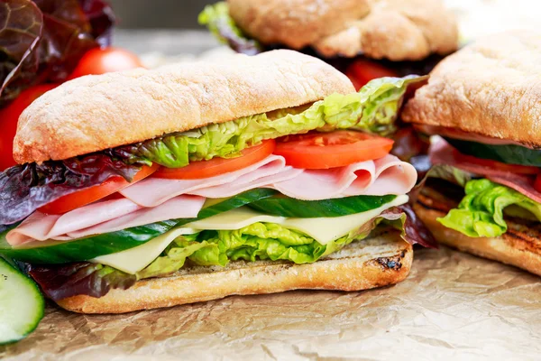 Sanduíche com alface, tomate, pepino, cebola vermelha, salame, presunto, queijo — Fotografia de Stock