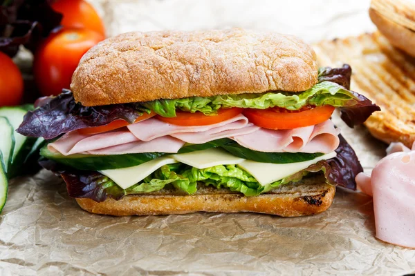 Sanduíche grelhado com alface, fatias de tomate fresco, pepino, cebola vermelha, presunto e queijo . — Fotografia de Stock