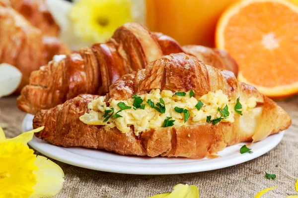 Sommer-Frühstück Croissant gefüllt Rührei mit Blumen dekoriert. — Stockfoto