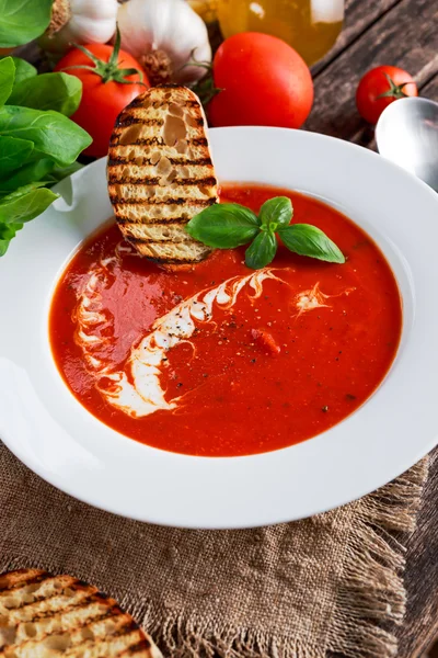 Glatte und süße Tomatensuppe, gewürzt mit Basilikum, Knoblauch — Stockfoto