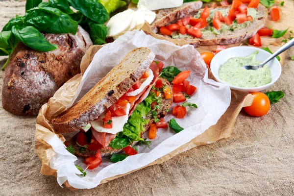 Fresh Sandwich with Bacon Lettuce Tomato and Mozzarella — Stock Photo, Image